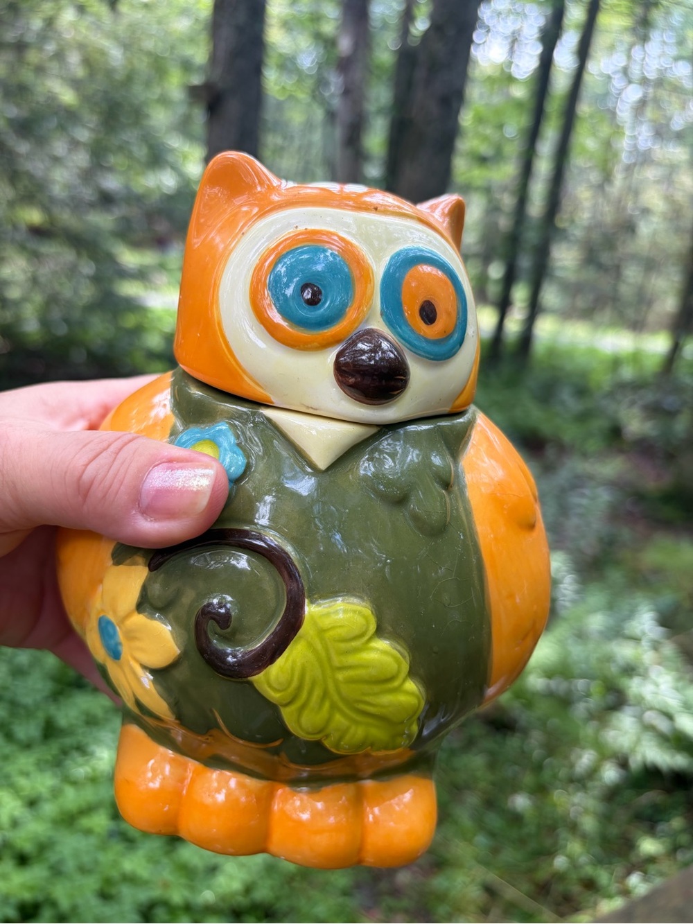 Vintage Ceramic Orange & Green Owl Figurine Home Accent ,  Cookie Jar
